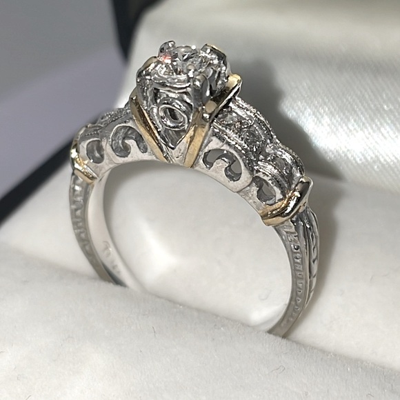 Solid 14K White Yellow Gold Natural Diamond Antique Engagement Ring - Picture 1 of 17